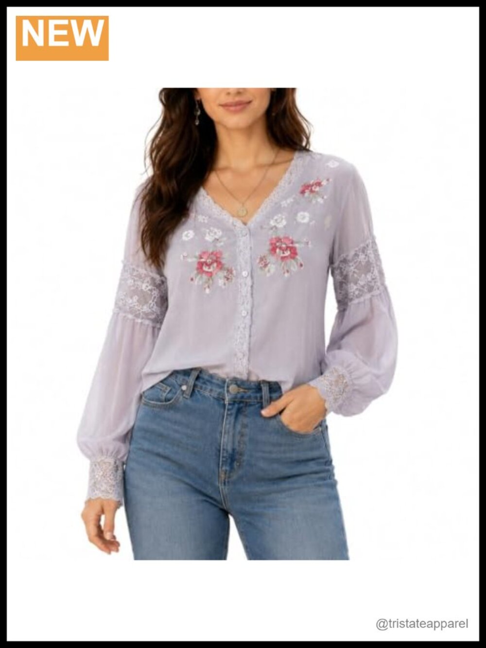 Women's Boho Floral Embroidered Chiffon Blouse, Lace V Neck Long Sleeve Top